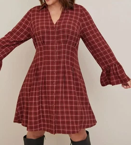 Vestido camisero tórrido mini gasa manga campana a cuadros naranja y rojo plus 0 (XL) boho - Imagen 1 de 10
