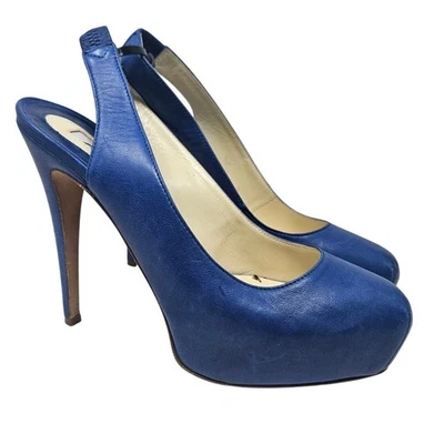Brian Atwood 37 蓝色皮革厚底露背 Debra 高跟鞋 意大利细高跟鞋 Glam  — 第 1/4 张图片