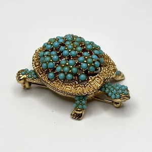Broche De Colección Firmado Tortuga Turquesa Firmado por Ciner Cuentas Oro Lavado Animal - Imagen 1 de 8