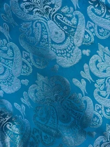 Turquoise Blue & Silver Damask Paisley - Faux Silk Brocade Jacquard Fabric - Picture 1 of 10