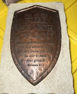 Antique Copper Look Full Armor Ephesians 6:13 Resin Stone 6 inch Table Plaque - Image 1 of 4