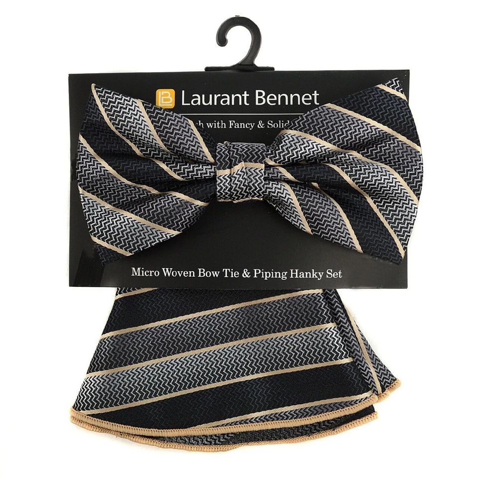 Black Striped Banded Bow Tie & Matching Hanky Pocket Round Set - Image 1 of 1