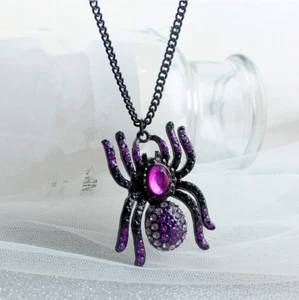 Crystal Spider Pendant Necklace, Black Purple Gothic Punk Vampire Goth Tarantula - Picture 1 of 6