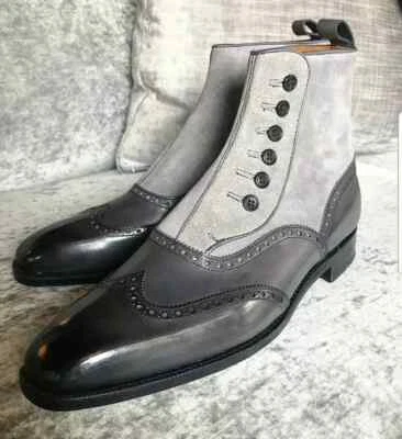 Botas con botones de cuero de dos tonos hechas a mano para hombre, botas informales grises y negras para hombre Foto 1 de 3