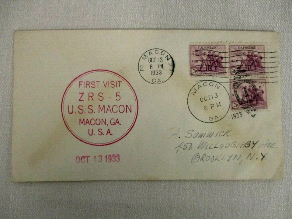 OCT 13 1933 FIRST VISIT ZRS-5 USS MACON ZEPPELIN MACON GA NRA STAMPS COVER - Image 1 of 3