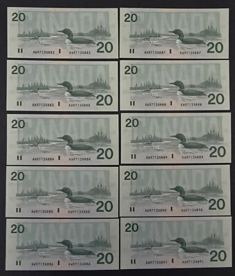 Juego de diez billetes canadienses de 20 dólares 1991, elección/UNC y consecutivos Foto 1 de 3