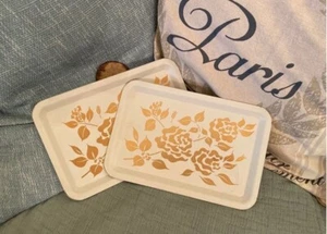 Set of 2 Vintage 9”x6” Tin Mini Trays *Gold Stencil Roses* - Picture 1 of 3