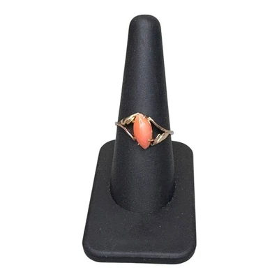 Vintage Coral Gemstone Ring In Elegant 14K Gold Setting Unique Marquise Cut 8.5 - Image 1 of 4