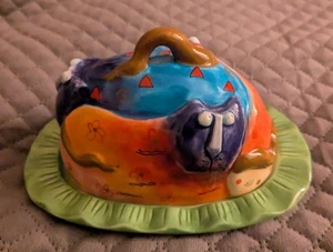 Studio Designworks "Joy Cats" Hand Painted Colorful Covered Cheese Butter Dish - Picture 1 of 15