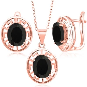 18K Rose Gold Plated Silver Onyx Pendant and Earrings Jewelry Set For Women | - Picture 1 of 60