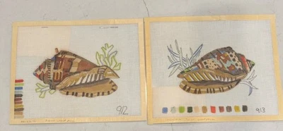 Vintage Conch Shell Needlepoint Canvas Pair Beach Nautical Seashore Lot 2 - Image 1 of 4
