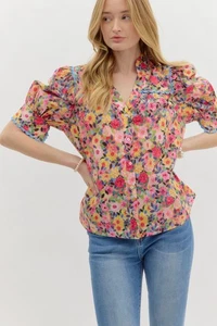 NWT Entro Pink Floral Puff Sleeve Button Front Top Scallop Trim Cotton Size S - Picture 1 of 7