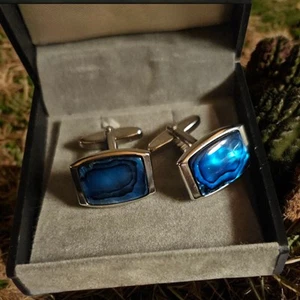 Vtg Aziki New Zealand Paua Abalone Shell Cufflinks Silver-tone - Picture 1 of 22