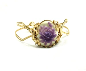 Cameo Bracelet, Purple Rose Cameo Bracelet, Size 6 1/2, 14K Gold Filled Wire #B8 - Picture 1 of 5