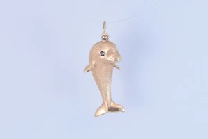 Solid 14K Yellow Gold Dolphin Pendant Charm Matte Finish Blue Eye Nautical - Picture 1 of 3