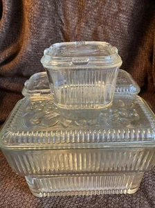 Vintage Federal Glass Clear Refrigerator Storage Dish & Lid 10 Piece Set Veggies - Picture 1 of 7
