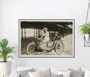 Vintage Sidecar Motorcycle Photo Print – Antique Women Biker Wall Art – Retro - Picture 1 of 5