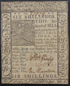 1776 AU55 Delaware Colonial Note 6 Shillings, PMG, SN 87079 - Picture 1 of 4