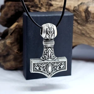 Thors Hammer Pendant Heavy Ornate Talisman Viking Leather Cord Jewellery & Box - Picture 1 of 9