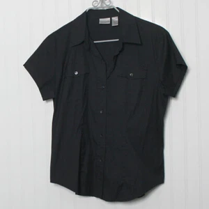 Chico's 1 Black Collar Short Sleeve Pockets Button Cotton Blend Blouse Medium - Picture 1 of 8
