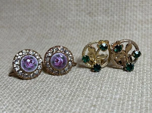 Vintage 1 Vargas 1940's Screw back Rose Rhinestone Earrings & 1 Unmarked Clip On - Picture 1 of 8