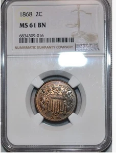 NGC MS-61 BN 1868 Two Cent Piece, Richly Hued w/ lots of Original Red. - Picture 1 of 2