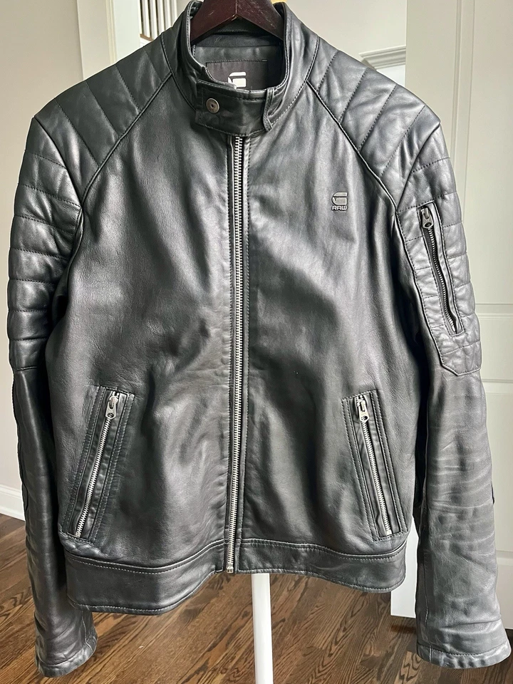G-Star Raw Men's Black Biker Leather Jacket Size Small Made In India - Image 1 of 4