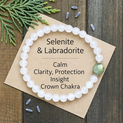 Natural Stone Selenite Labradorite 6mm Healing Crystal Stretch Bracelet Gift - Image 1 of 3