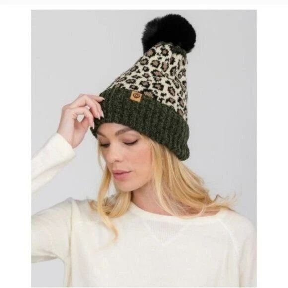 Leopard Print Knit Beanie With Faux Fur Pom & Ribbed Cuff Womens Winter Hat - Image 1 of 1