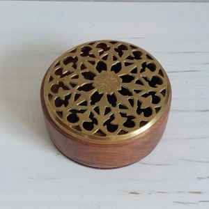 Vintage Pot Pouri Bowl Wood Brass Lid 1980s Floral Round Potpouri Room Decor - Picture 1 of 23