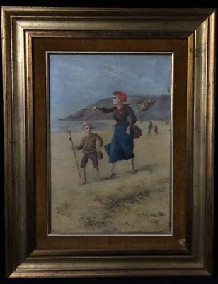 MARINE- HUILE SUR TOILE SIGNE G.CORON - SCENE DE PECHE EN BORD DE MER - - Photo 1/4