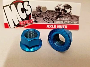 MCS BMX FREESTYLE STEEL ED PLATED 14MM AXLE NUTS PAIR BLUE - Picture 1 of 1