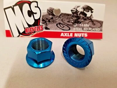 MCS BMX FREESTYLE STEEL ED PLATED 14MM AXLE NUTS PAIR BLUE