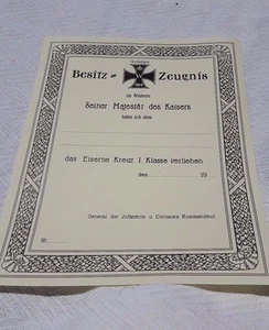 Cruz de Hierro Alemana Primera Guerra Mundial Documento de 1a Clase - Imagen 1 de 1