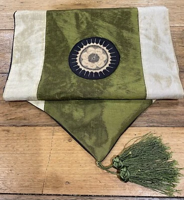 Table Runner Olive Green Embroided Lined Tassels 1550mm X 320mm Shimmering Satin - Image 1 of 4