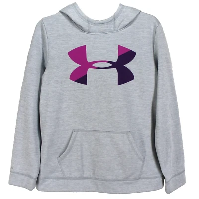 Under Armour Hooded Sweatshirt Girls Size L Gray Purple Long Sleeve Logo Hoodie - Image 1 of 4