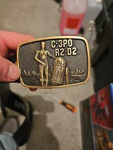Vintage 1977 Star Wars Solid Brass Belt Buckle - C-3PO R2D2 Original - Picture 1 of 3