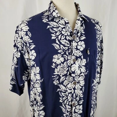 Ocean Current Hawaiian Shirt XL Blue White Tropical Floral Rayon, Tiki Vintage - Image 1 of 4