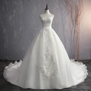 Strapless Tulle Wedding Dress Ball Gown Sleeveless Embroidered Beaded Court - Picture 1 of 15