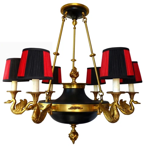 Gilt Bronze & Brass French Empire Chandelier w Swan Arms Red & Black Lamp Shades Cover