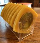 8 Vintage Mcm Butterscotch Bakelite Coasters Raffia Rope Coil In Plastic Holder