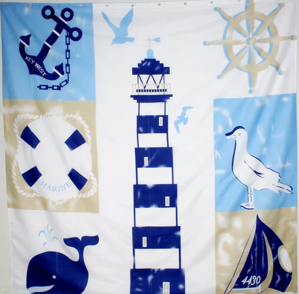PMLAND Fabric Shower Curtain with Hooks, 70 x 70 Inch - Nautical Lighthouse - Image 1 of 3