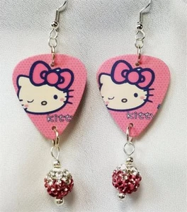 Pink Hello Kitty Guitar Pick Earrings with Pink Ombre Pave Dangles - Picture 1 of 3