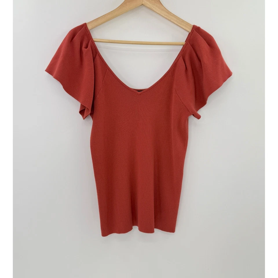 Halogen Flutter Sleeve Ribbed Knit Top Rust Orange V-Neck Blouse Sz L Fallcore - Image 1 of 4