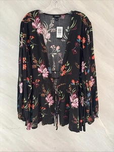 Torrid 4X Black Party Floral Gauze Double Tie Front 3rd Piece Blouse NEW!! - Picture 1 of 11
