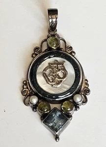 Shankari Sterling Silver Om Pendant 925 Peridot Pearl Blue Topaz MOP Signed - Picture 1 of 15