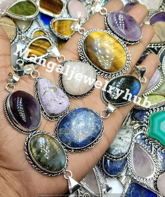 Lote de joyas hechas a mano colgantes de amatista y mezcla de piedras preciosas enchapados en plata de ley 925 Foto 1 de 4