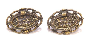 2 MATCHING VINTAGE METAL BRASS FINISH DRAWER PULLS WITH FLIP OVAL PULL - Picture 1 of 4