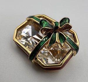 Signierte Swarovski Brosche Schwan Kristall goldfarben rot grün Emaille Weihnachtsgeschenk - Bild 1 von 12