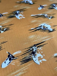 Vintage 70s Gold Hawaiian Surf Novelty Rayon(?) FABRIC Surfing Waves 3.5yds x 58 - Picture 1 of 8